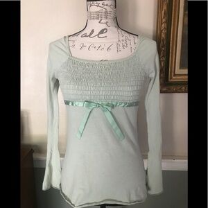 L8ter Long Sleeve Green Smocked Cotton Blouse